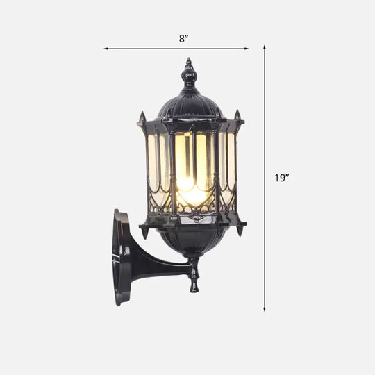 Retro Clear Glass Cylinder Lantern Sconce: Wall Mounted Light Fixture For Patio With 1 Bulb Black /