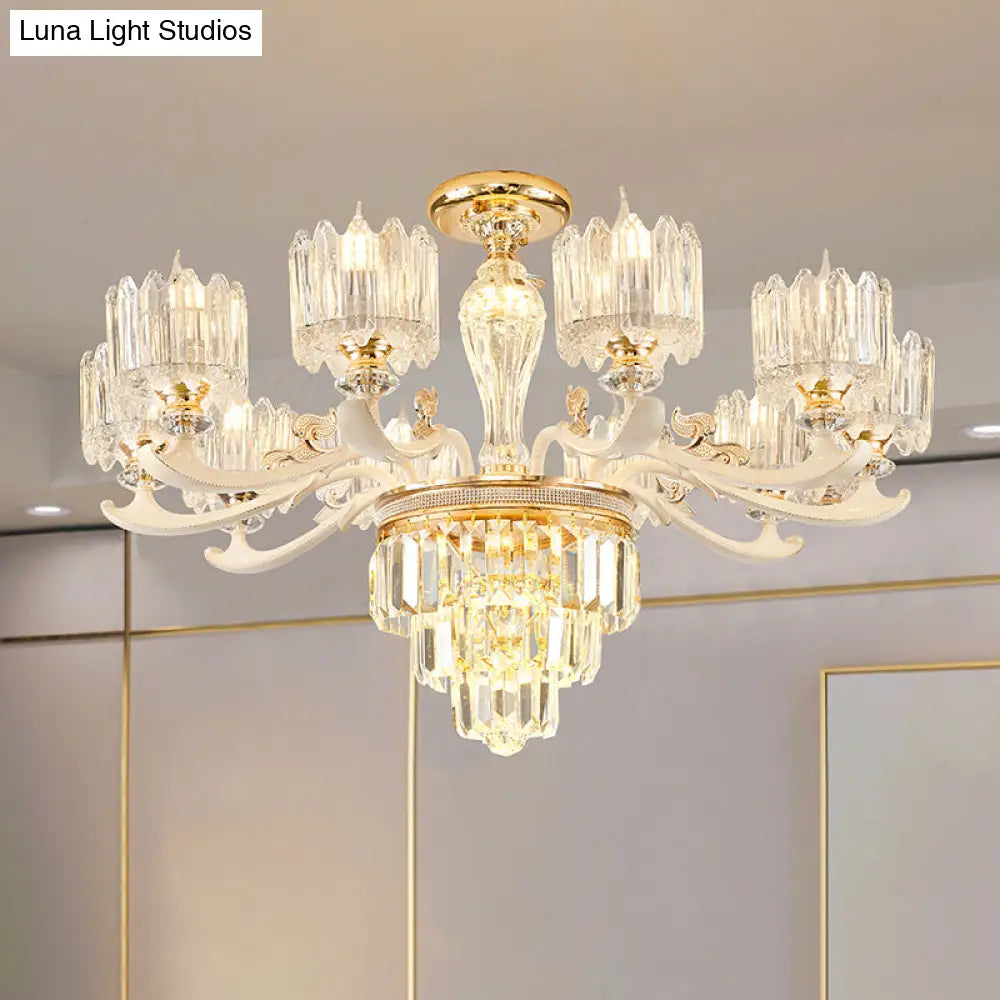 Retro Clear Glass Gold Pendant Chandelier With Crystal Decor - Cylindrical Living Room Light