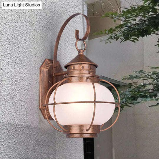Retro Coffee/Bronze Lantern Wall Light With Wire Cage - Outdoor 1 Head Lighting In White/Clear Glass