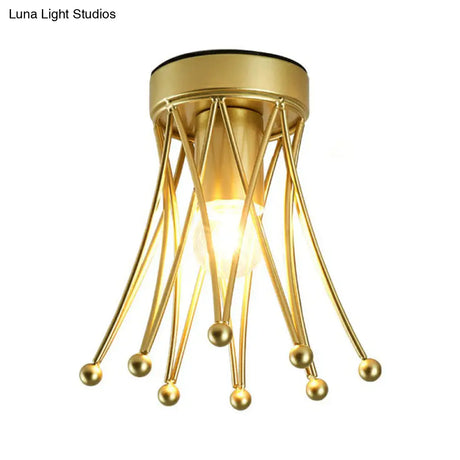 Retro Crown Iron Semi Flush Mount Lighting In Gold For Corridor