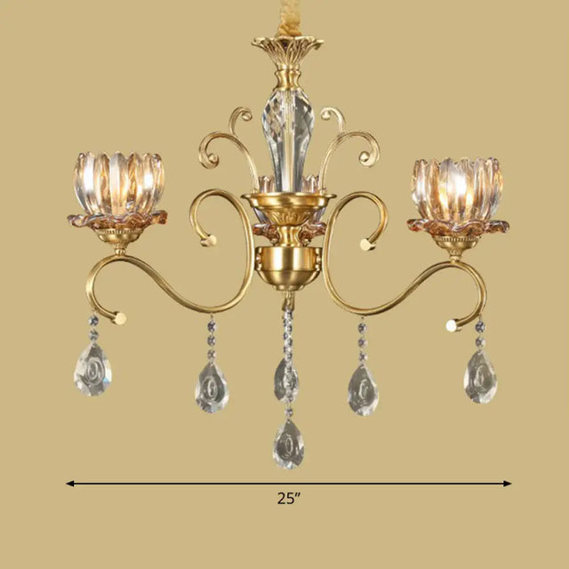 Retro Crystal Glass Brass Chandelier - Decorative Living Room Hanging Lamp 3 / Clear Flower