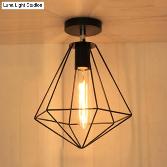Retro Diamond Cage Ceiling Lamp - Metallic Semi Flush Mount Light For Kitchen In Black