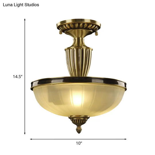Retro Dome Glass Ceiling Light With Gold Metal Rod - 2-Bulb Semi Mount Lighting