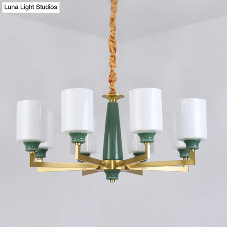 Retro Emerald White Glass Cylindrical Chandelier - Suspended Lighting Fixture With 3/8/12 Lights