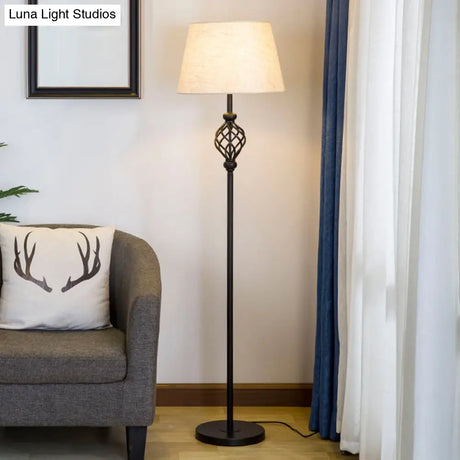 Retro Empire Shade Floor Lamp - Single-Bulb Fabric Standing Light In Black Foot Switch Included