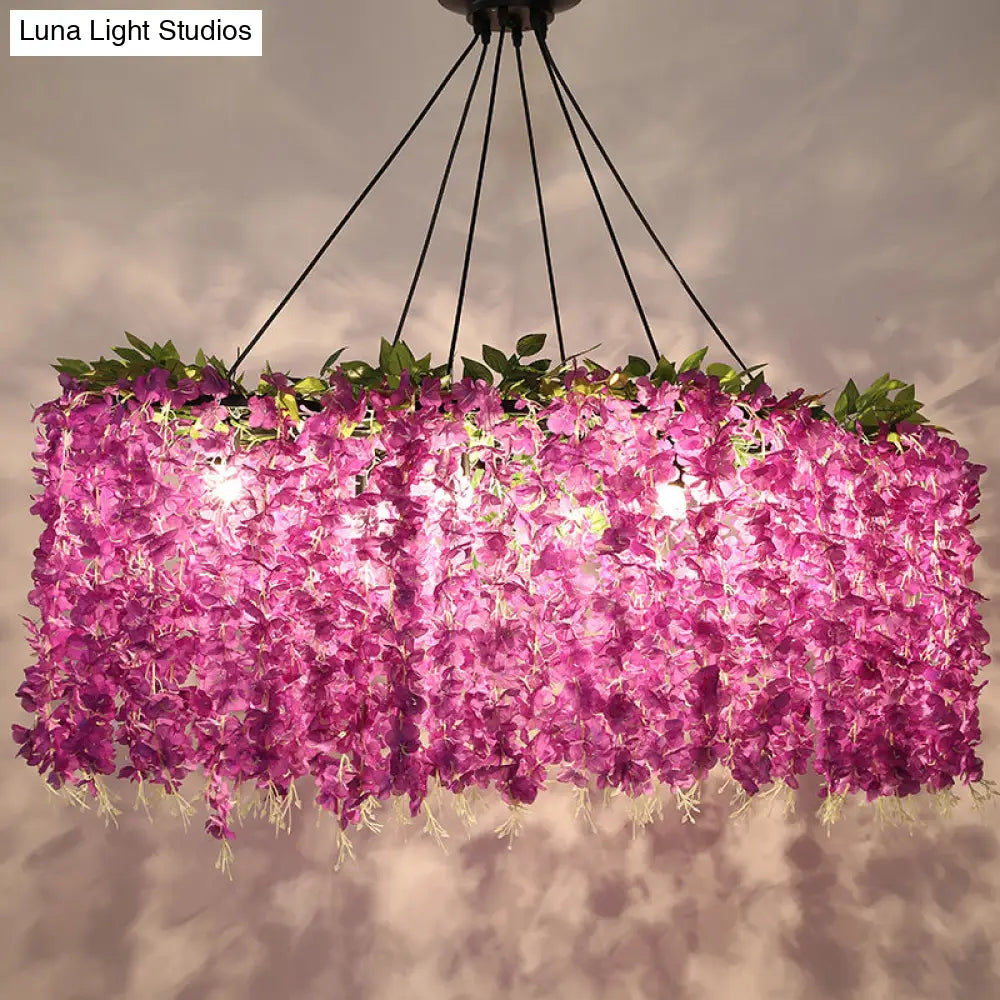 Retro Floral Metal Island Light Fixture 6-Bulb Pendant In Purple For Restaurants