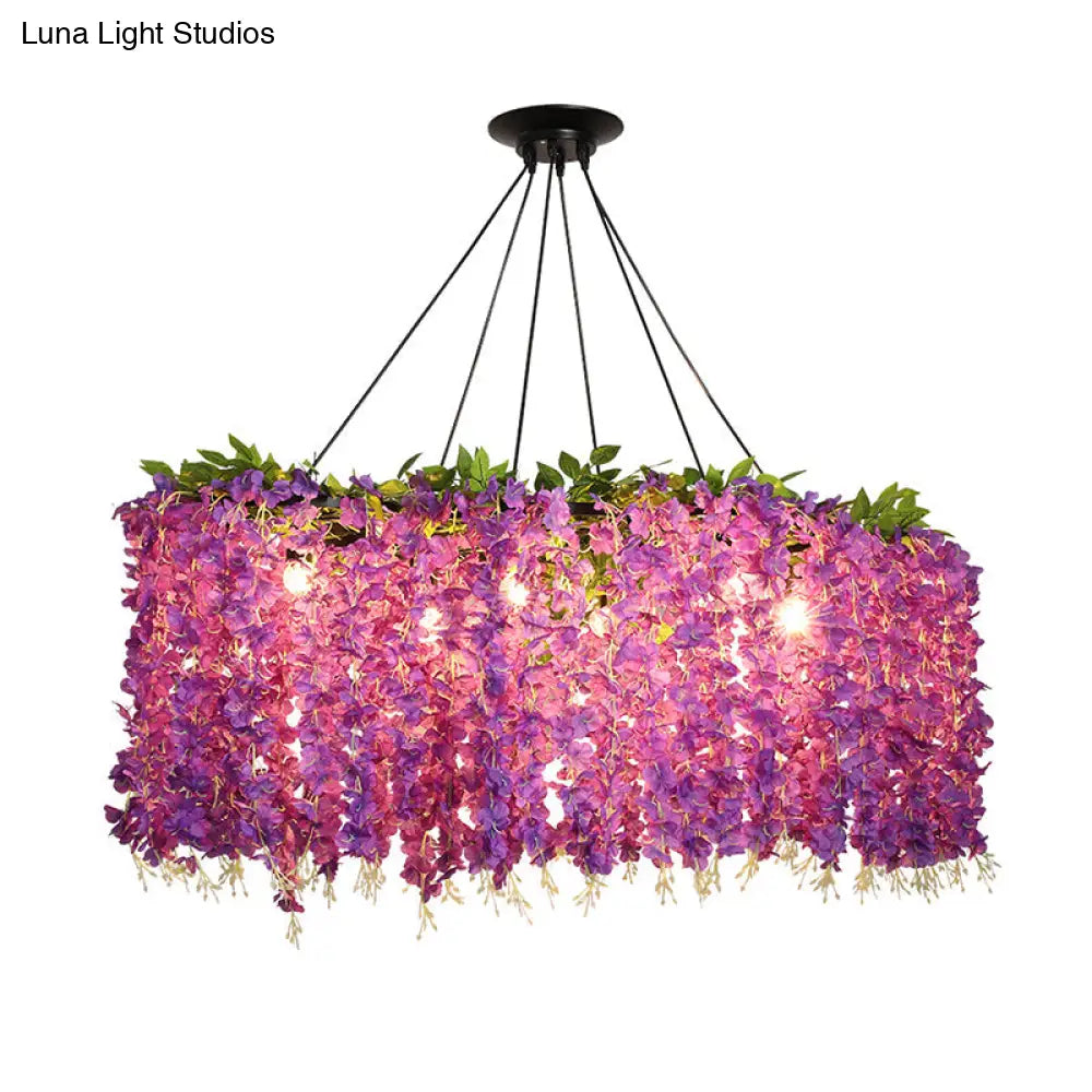 Retro Floral Metal Island Light Fixture 6-Bulb Pendant In Purple For Restaurants