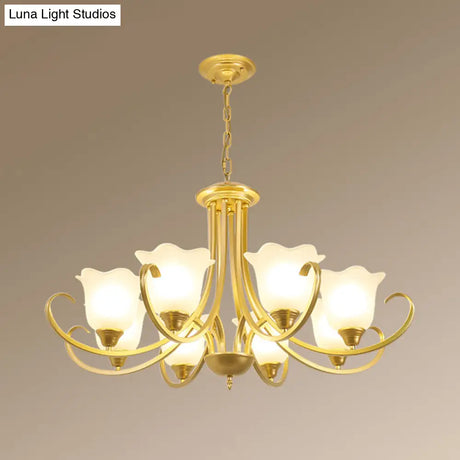 Retro Floral Shade Chandelier Pendant Light With Frosted Glass And Curved Arm - Vintage-Inspired