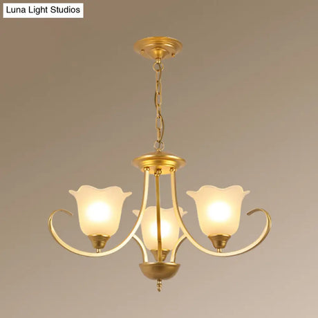 Retro Floral Shade Chandelier Pendant Light With Frosted Glass And Curved Arm - Vintage-Inspired