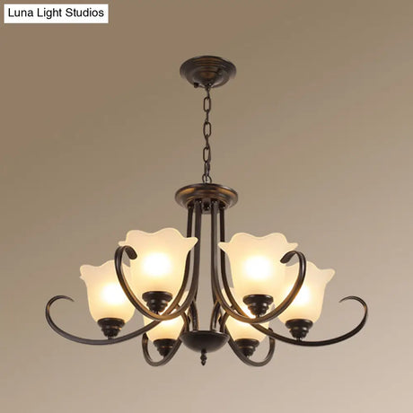 Retro Floral Shade Chandelier Pendant Light With Frosted Glass And Curved Arm - Vintage-Inspired
