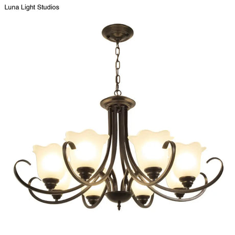 Retro Floral Shade Chandelier Pendant Light With Frosted Glass And Curved Arm - Vintage-Inspired