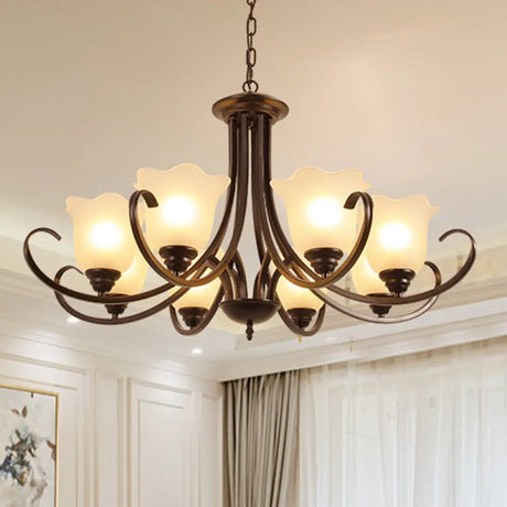 Retro Floral Shade Chandelier Pendant Light With Frosted Glass And Curved Arm - Vintage-Inspired