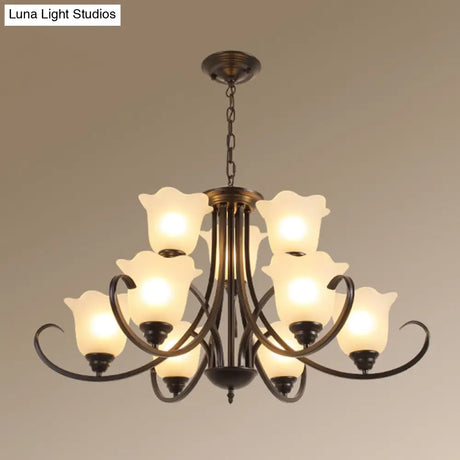 Retro Floral Shade Chandelier Pendant Light With Frosted Glass And Curved Arm - Vintage-Inspired