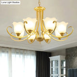 Retro Floral Shade Chandelier Pendant Light With Frosted Glass And Curved Arm - Vintage-Inspired