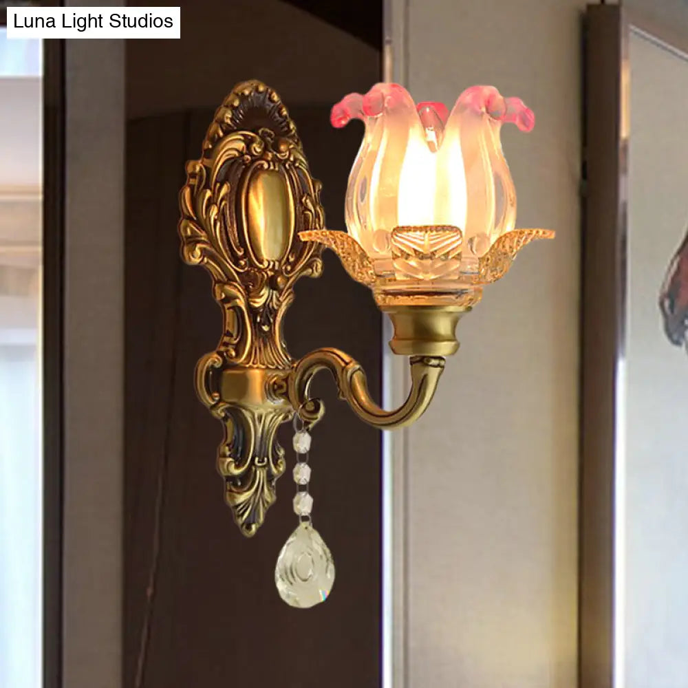 Retro Flower Wall Sconce Light: 1 Bulb Pink-Clear Fading Glass In Brass For Vintage-Inspired