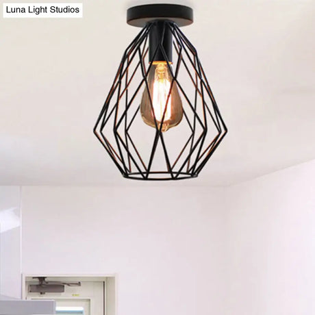 Retro Geometric Cage Ceiling Light: Stylish Iron Semi Flush Mount For Restaurants - Black Design