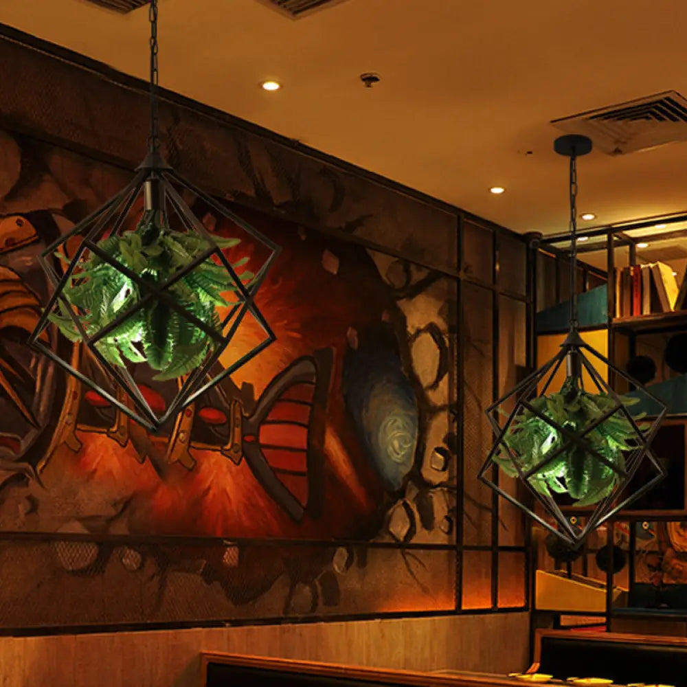 Retro Geometric Ceiling Light With Plant Led Bulb And Black Finish - 18’/21.5’ Wide / 18’