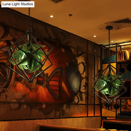Geometric Metal Hanging Ceiling Light Retro 1 Bulb Led Black Suspension Lamp With Plant 18/21.5 Wide