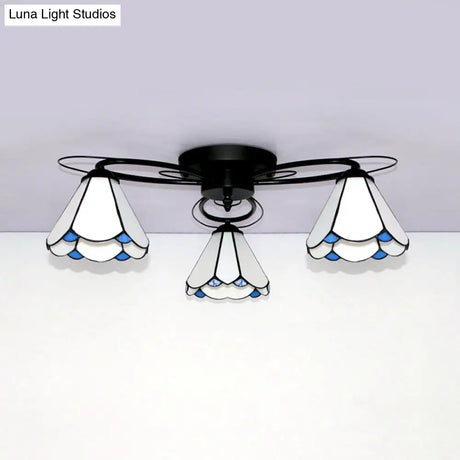 Retro Geometric Flushmount Ceiling Light With Stained Glass - White/Sky Blue/Clear/Dark Blue
