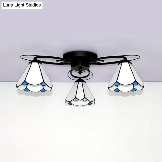 Retro Geometric Flushmount Ceiling Light With Stained Glass - White/Sky Blue/Clear/Dark Blue Bedroom