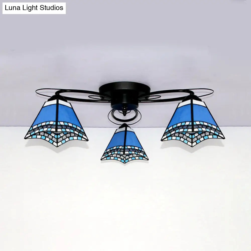 Retro Geometric Flushmount Ceiling Light With Stained Glass - White/Sky Blue/Clear/Dark Blue Bedroom