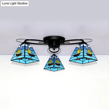 Retro Geometric Flushmount Ceiling Light With Stained Glass - White/Sky Blue/Clear/Dark Blue
