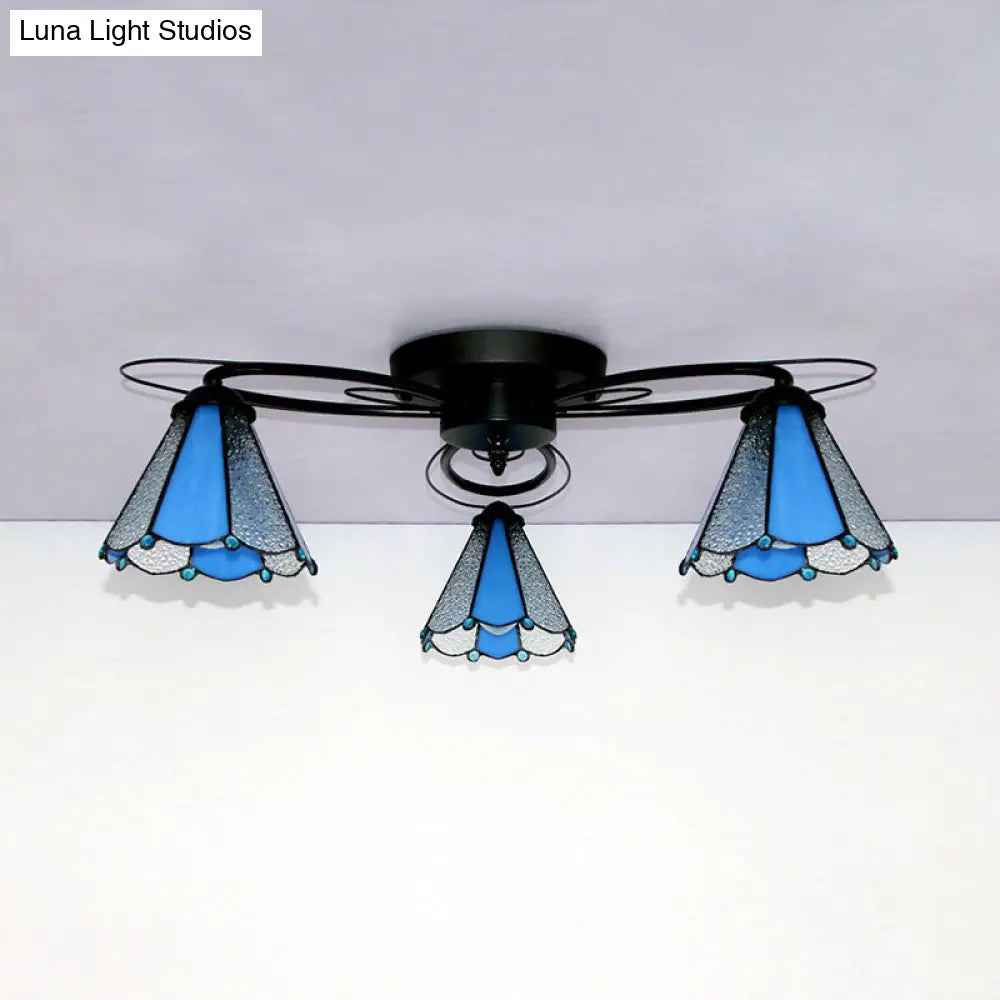 Retro Geometric Flushmount Ceiling Light With Stained Glass - White/Sky Blue/Clear/Dark Blue