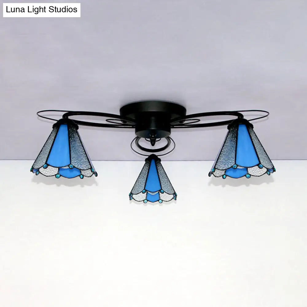 Retro Geometric Flushmount Ceiling Light With Stained Glass - White/Sky Blue/Clear/Dark Blue Bedroom