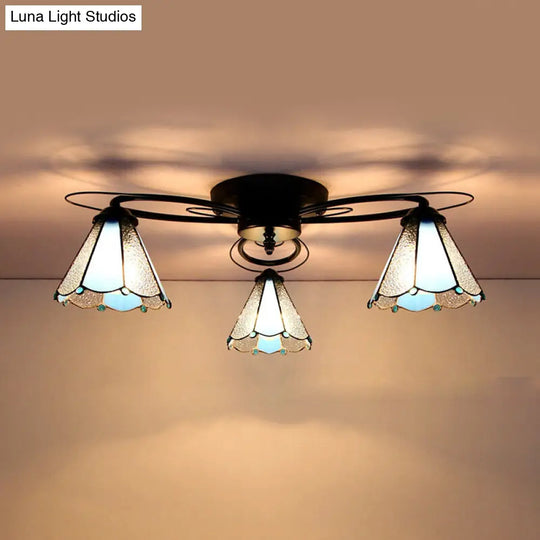 Retro Geometric Flushmount Ceiling Light With Stained Glass - White/Sky Blue/Clear/Dark Blue Bedroom