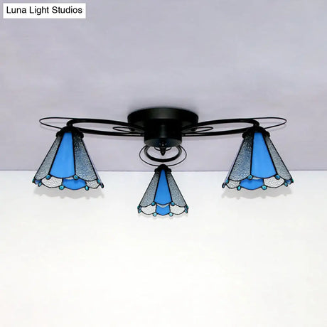 Retro Geometric Flushmount Ceiling Light With Stained Glass - White/Sky Blue/Clear/Dark Blue