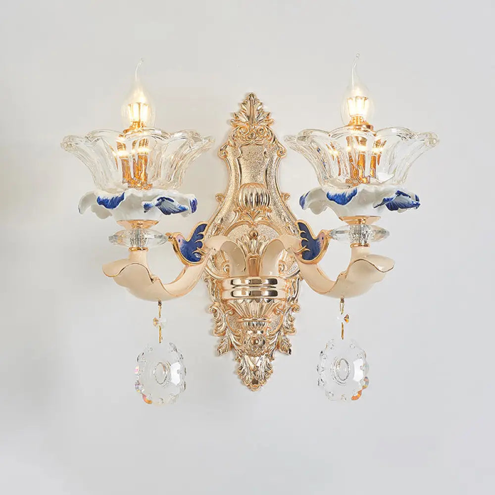 Retro Glass Gold Ruffle Flower Wall Mount Light With Crystal Draping 2 / E