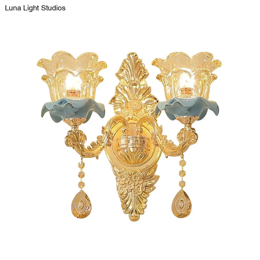 Retro Glass Gold Ruffle Flower Wall Mount Light With Crystal Draping
