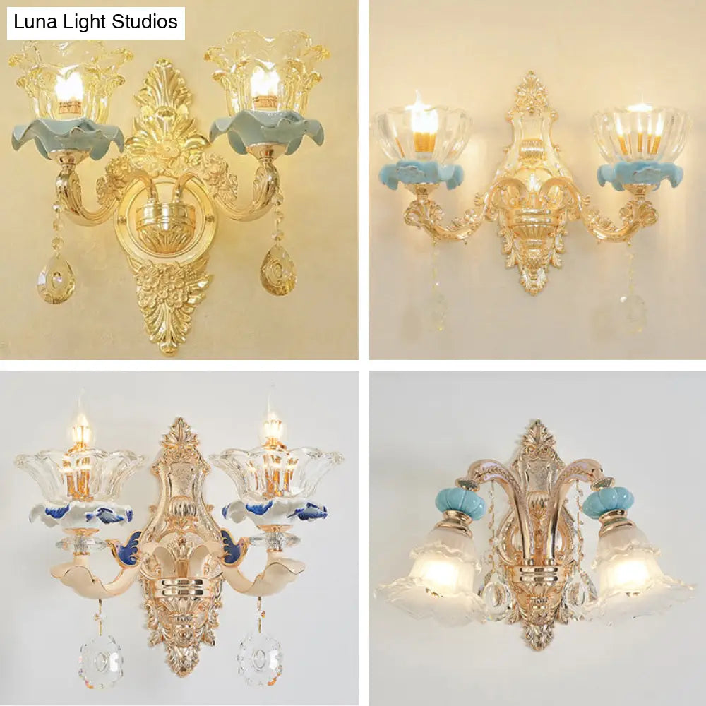Retro Glass Gold Ruffle Flower Wall Mount Light With Crystal Draping