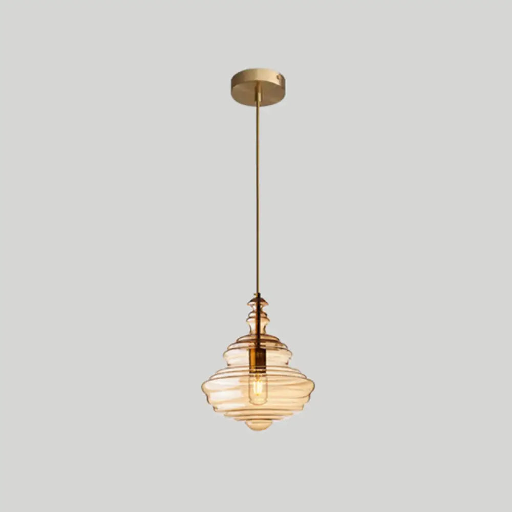 Retro Glass Pendant Light For Restaurants - Spool Shaped Head Design Cognac / A