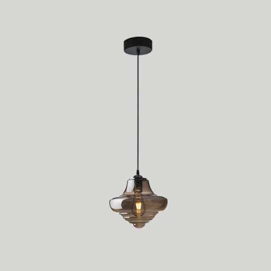 Retro Glass Pendant Light For Restaurants - Spool Shaped Head Design Smoke Gray / B