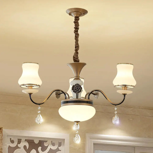 Retro Gold Curved Milk Glass Drop Lamp - 3-Light Ceiling Chandelier For Restaurants