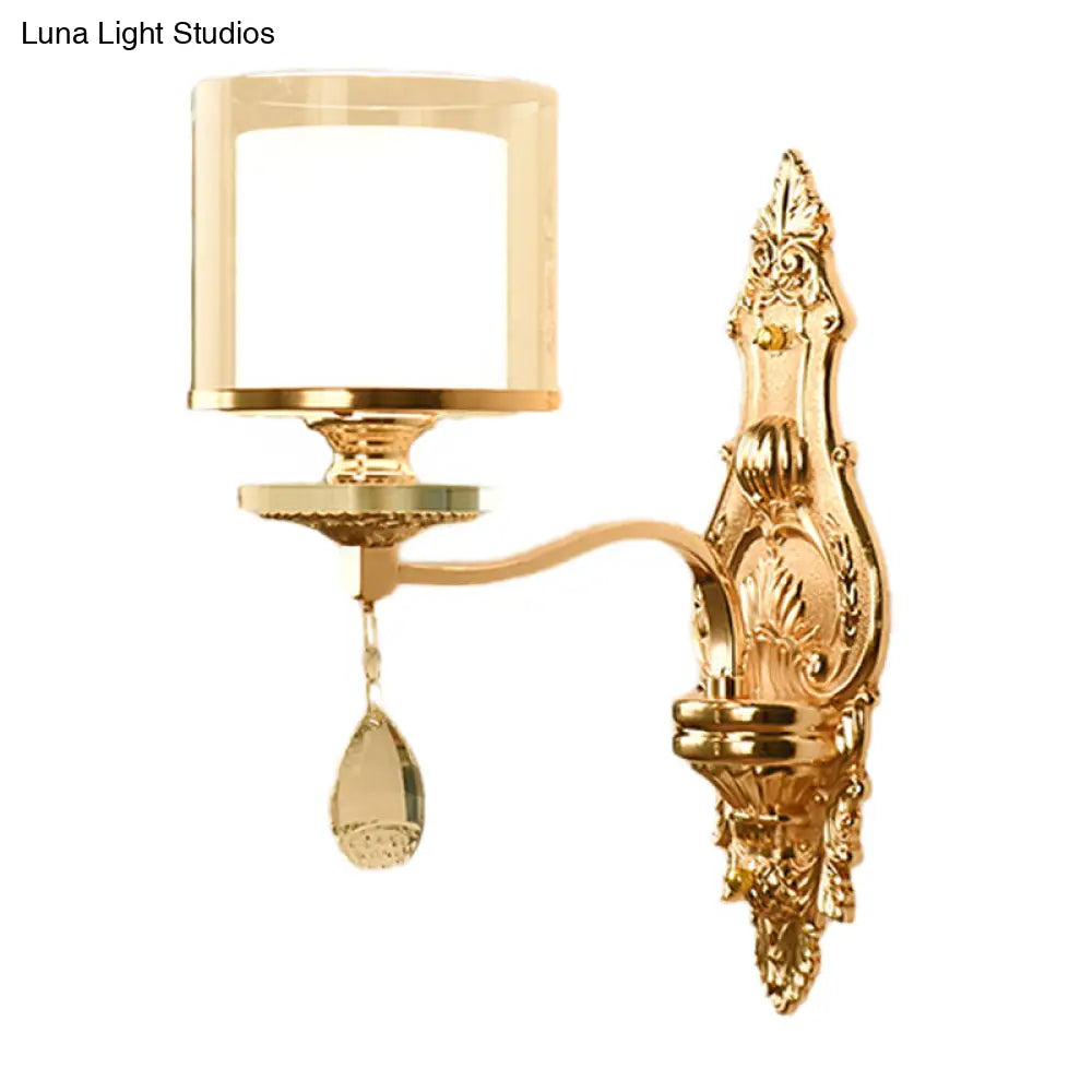 Retro Gold Wall Sconce With Clear And Frosted Glass Shade - 1 Light Mount Lamp For Living Room