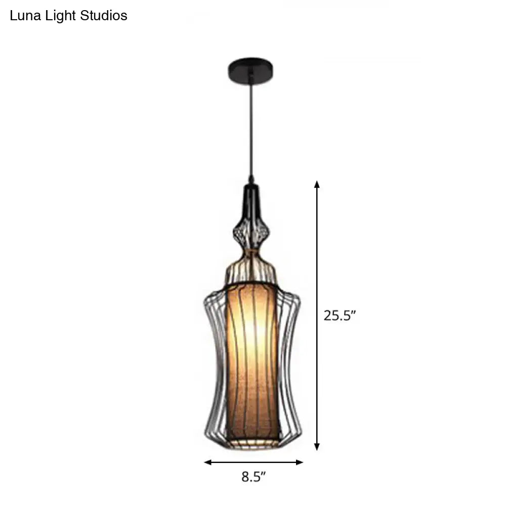 Gourd Shaped Iron Pendant Light - Retro Dining Room Ceiling Hanging Lantern With Black Fabric Shade