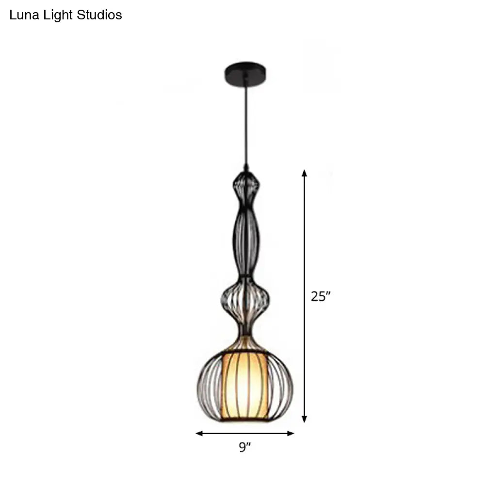 Retro Gourd Shaped Iron Pendant Light With Fabric Shade - Black 1 Bulb Stylish Ceiling Hanging