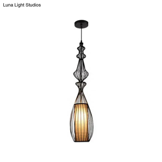 Gourd Shaped Iron Pendant Light - Retro Dining Room Ceiling Hanging Lantern With Black Fabric Shade
