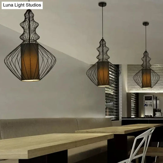 Retro Gourd Shaped Iron Pendant Light With Fabric Shade - Black 1 Bulb Stylish Ceiling Hanging