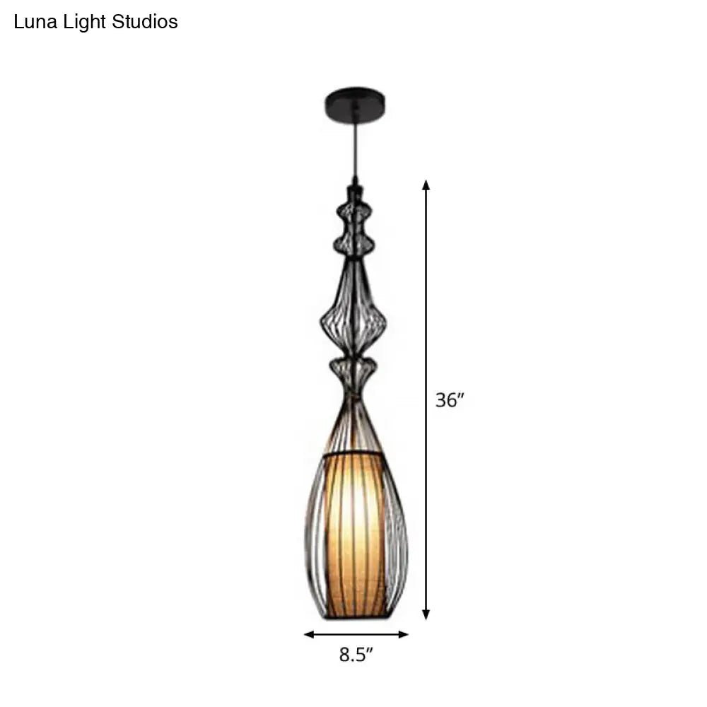 Gourd Shaped Iron Pendant Light - Retro Dining Room Ceiling Hanging Lantern With Black Fabric Shade