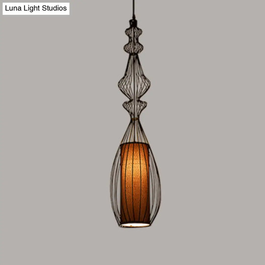 Retro Gourd Shaped Iron Pendant Light With Fabric Shade - Black 1 Bulb Stylish Ceiling Hanging
