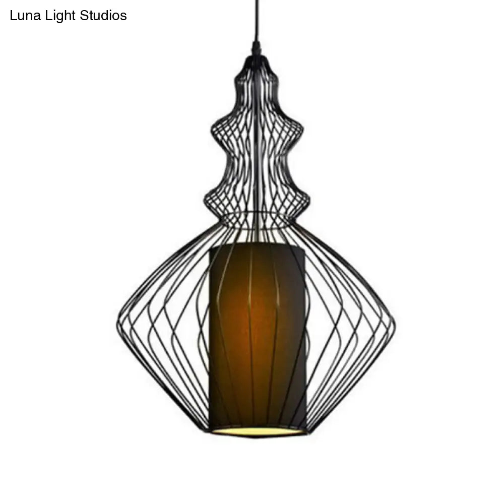 Gourd Shaped Iron Pendant Light - Retro Dining Room Ceiling Hanging Lantern With Black Fabric Shade