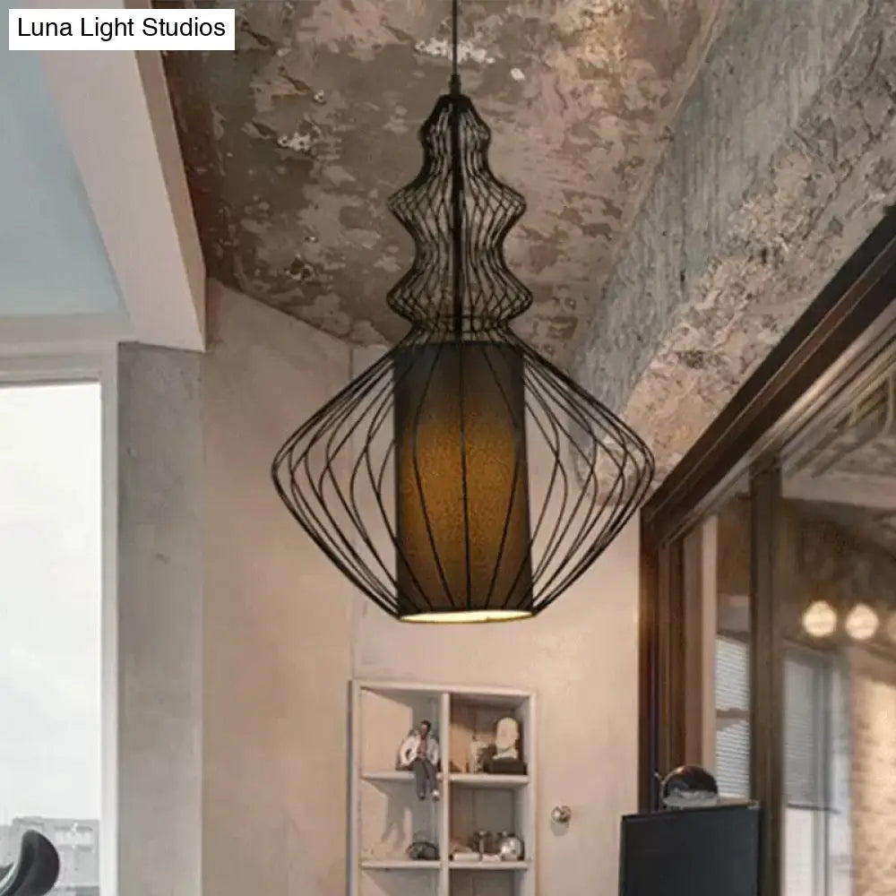Gourd Shaped Iron Pendant Light - Retro Dining Room Ceiling Hanging Lantern With Black Fabric Shade