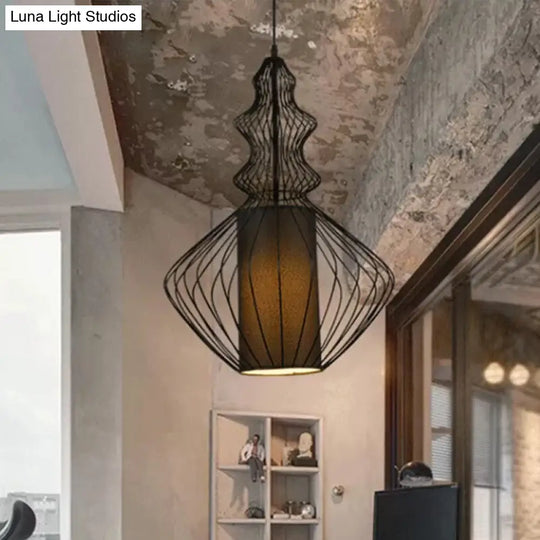 Gourd Shaped Iron Pendant Light - Retro Dining Room Ceiling Hanging Lantern With Black Fabric Shade
