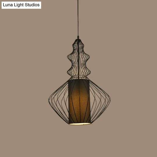 Gourd Shaped Iron Pendant Light - Retro Dining Room Ceiling Hanging Lantern With Black Fabric Shade
