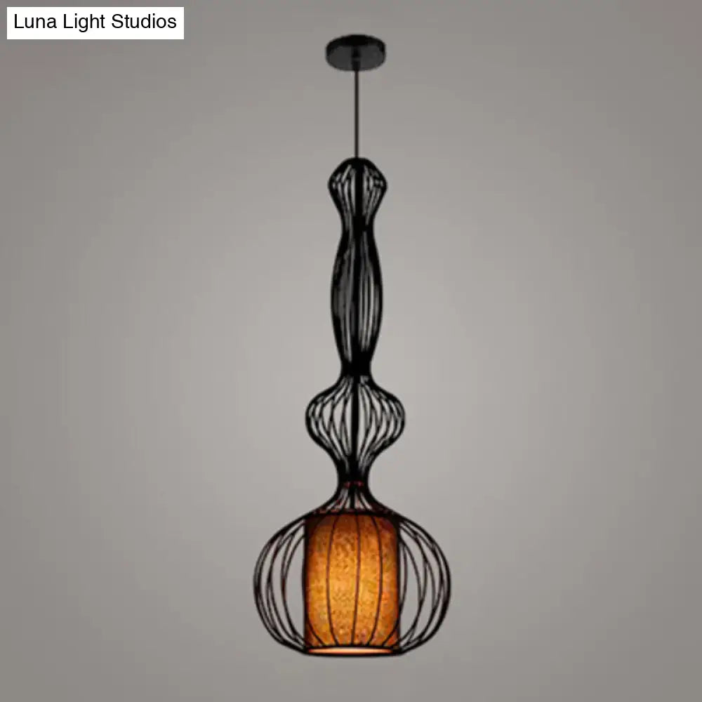 Gourd Shaped Iron Pendant Light - Retro Dining Room Ceiling Hanging Lantern With Black Fabric Shade