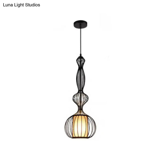 Gourd Shaped Iron Pendant Light - Retro Dining Room Ceiling Hanging Lantern With Black Fabric Shade