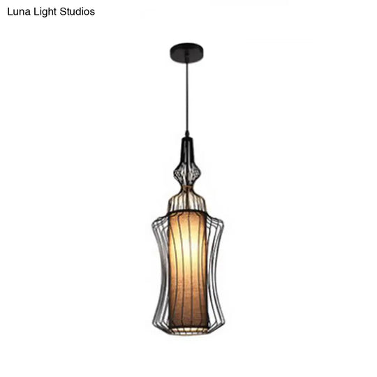 Gourd Shaped Iron Pendant Light - Retro Dining Room Ceiling Hanging Lantern With Black Fabric Shade